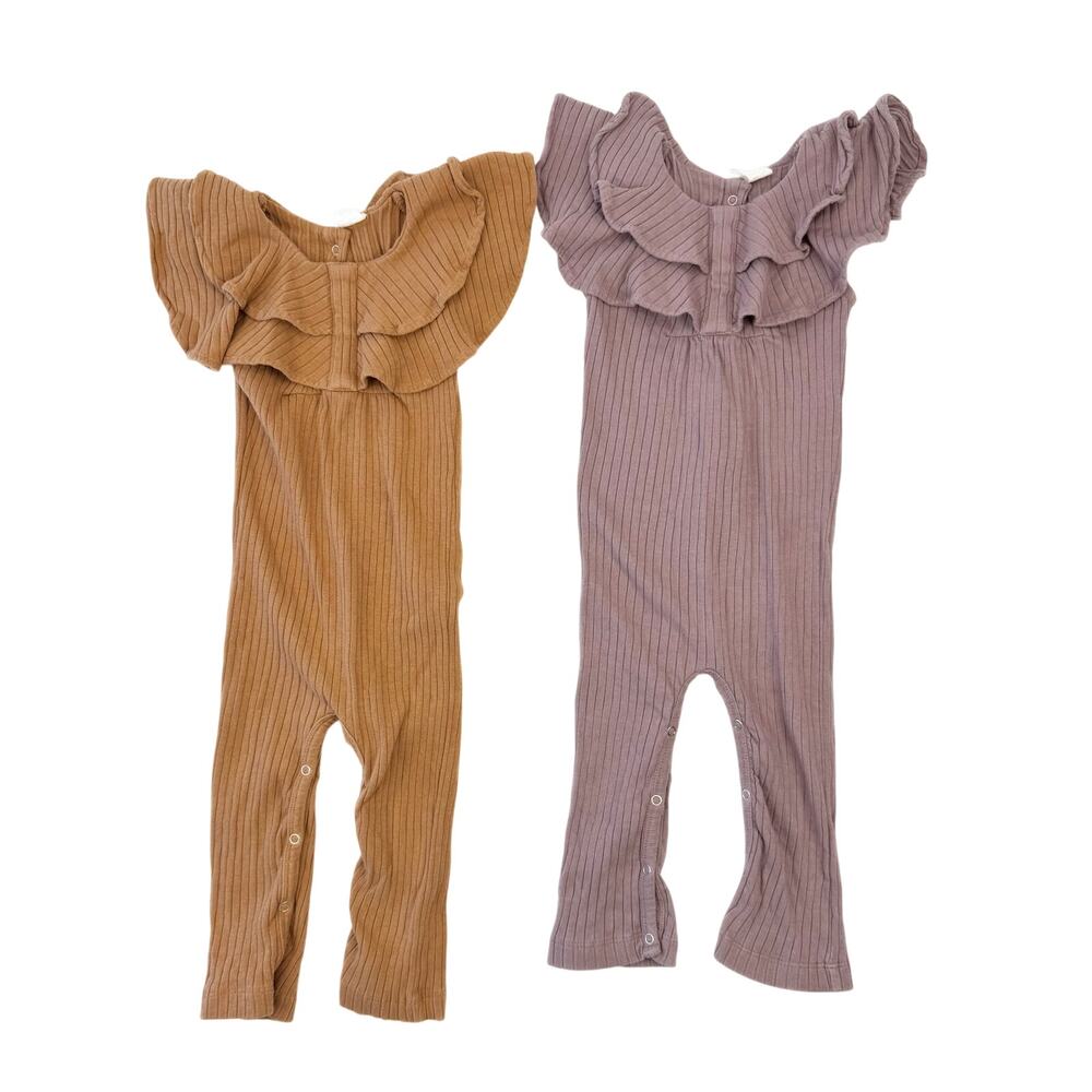 2 Kate Quinn Brown Purple‎ Ruffle Organic Cotton Ribbed Jumsuit One Piece 18-24M